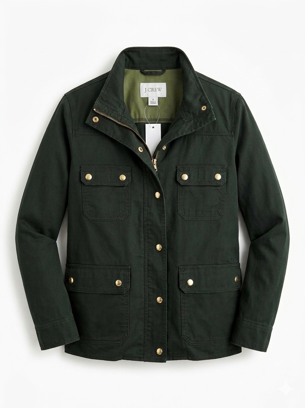 J.CREW Womens Forest Green Chore Coat Cotton Jacket XL Gold Zip Button Front NWT